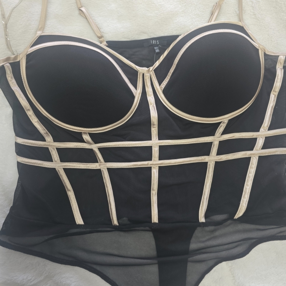 iris Black Sheer Bustier Bodysuit with Gold Trim